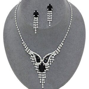 Black Silver Necklace Earrings Crystal Rhinestone Teardrop Prom Wedding Formal